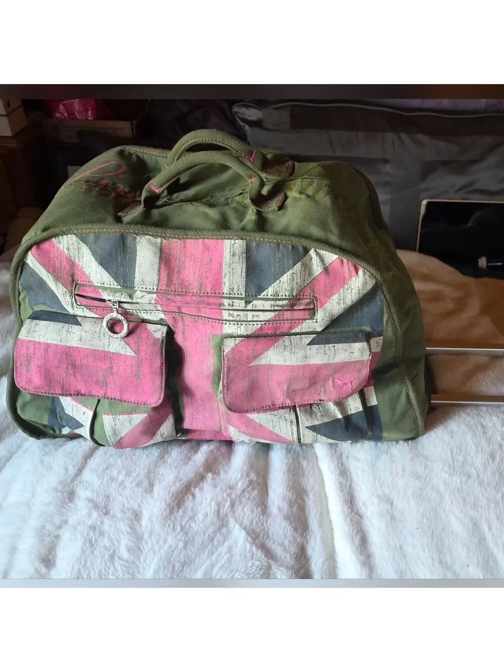 PINK Olive Green and Pink Graphic Weekend Duffel *Rare* - Picture 2 of 13